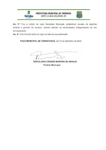 Prefeitura Municipal de Tarrafas estará de recesso entre os dias: 19/12/2022 à 03/01/2023
